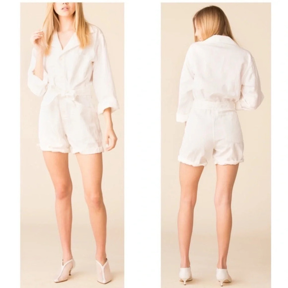 NILI LOTAN White Ariana Tie Front Utility Belted Playsuit Romper XS Cotton Linen - Picture 3 of 15